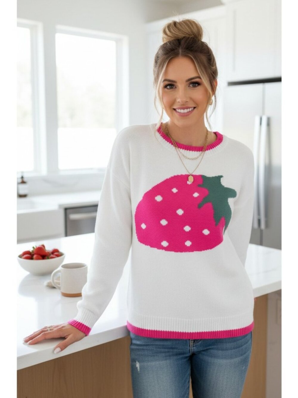 Strawberry Intarsia Knit Contrast Trim Crew Neck Pullover Long Sleeve Sweater